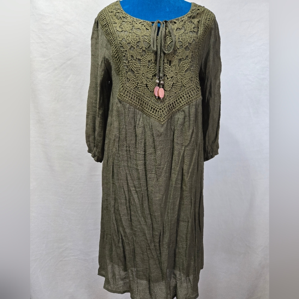Elegant Olive Green Long Sleeve Dress with Crochet Detail
